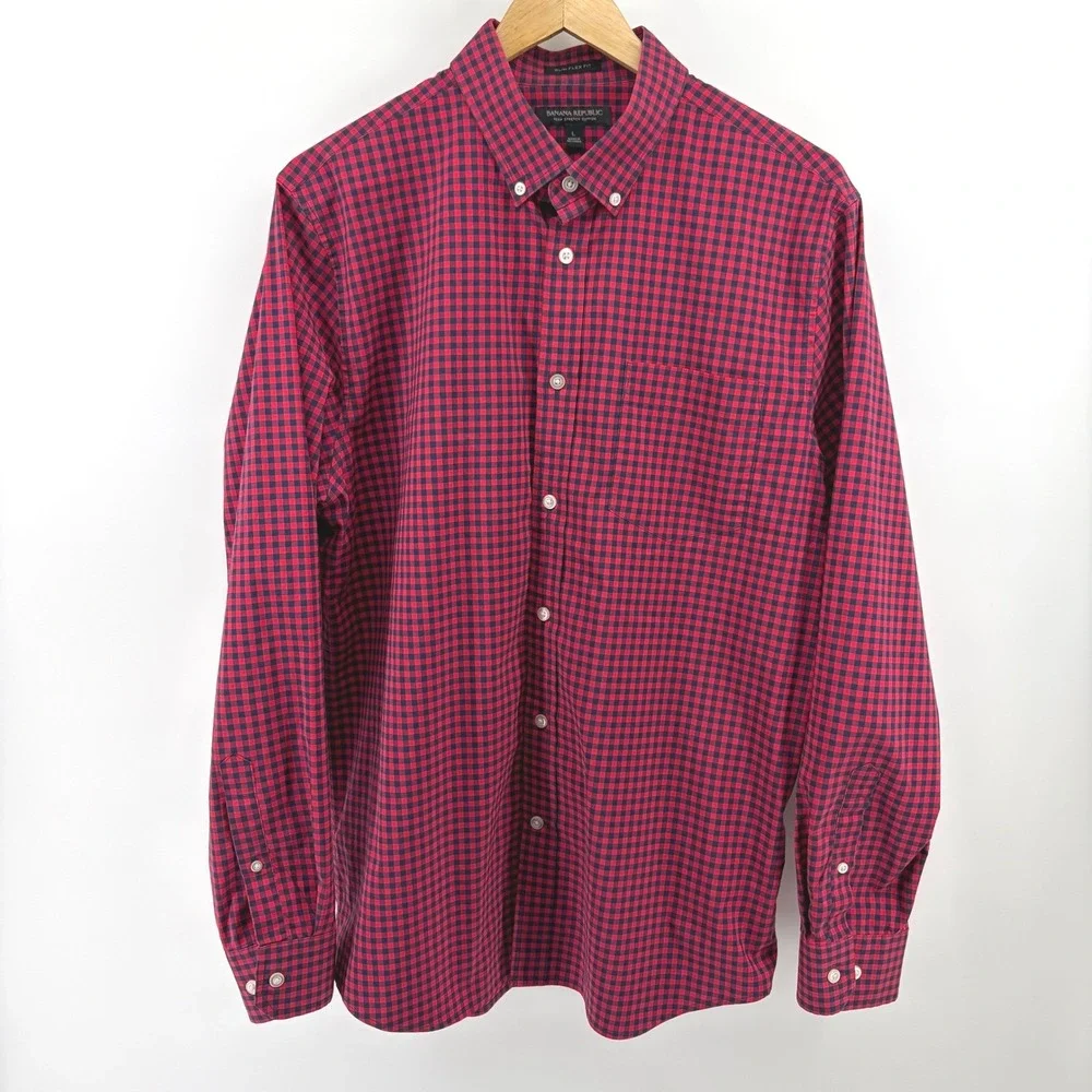 Banana Republic Mens Button Down Shirt Large Red Navy‎ Gingham Slim Flex Fit L